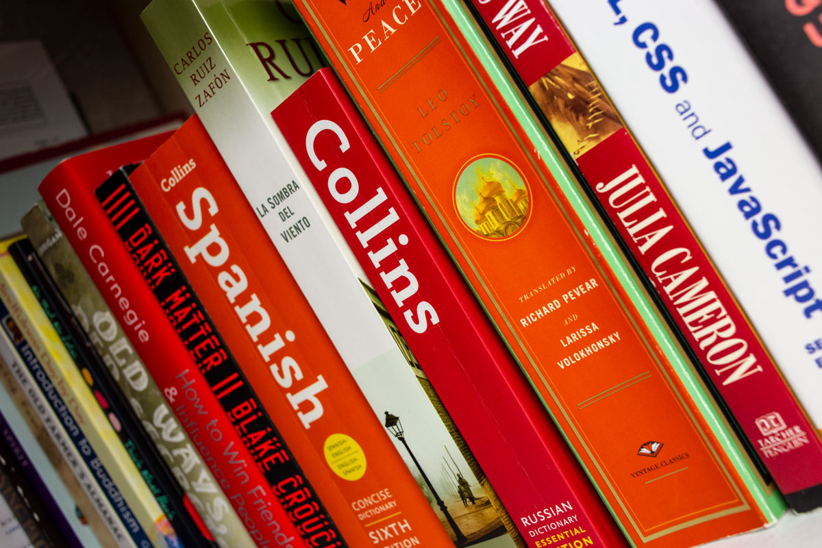 This photo makes good use of changing perspective by angling the photo to add interest to this row of books.