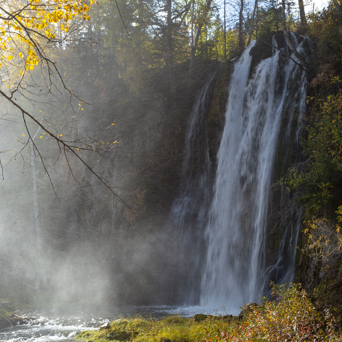 Water rushes over Spearfish Falls dropping to the pool below in a silvery mist brightly lit and blowing through the air in the early morning sun.